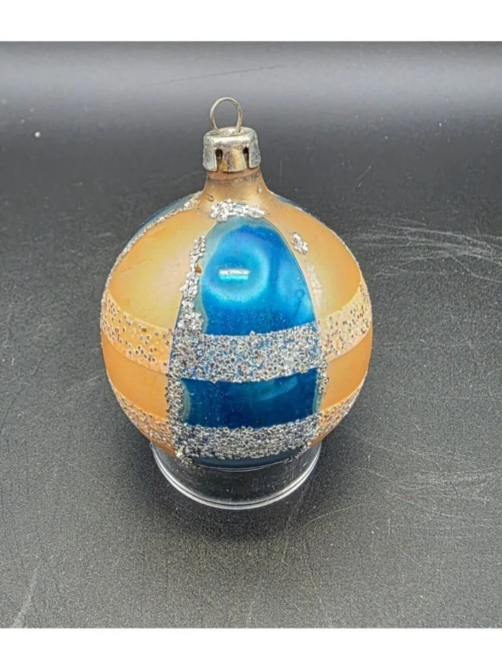 Vintage MCM Blue Gold & Mica Striped Mercury Glass Christmas Ornament